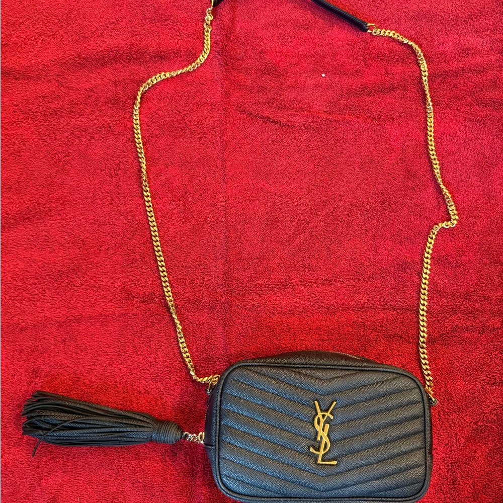 Yves Saint Laurent Black and Gold Crossbody Bag with Quilted Chevron Pattern